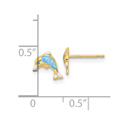 14k Yellow Gold Polished Enameled Dolphin Stud Earrings Gift for Women
