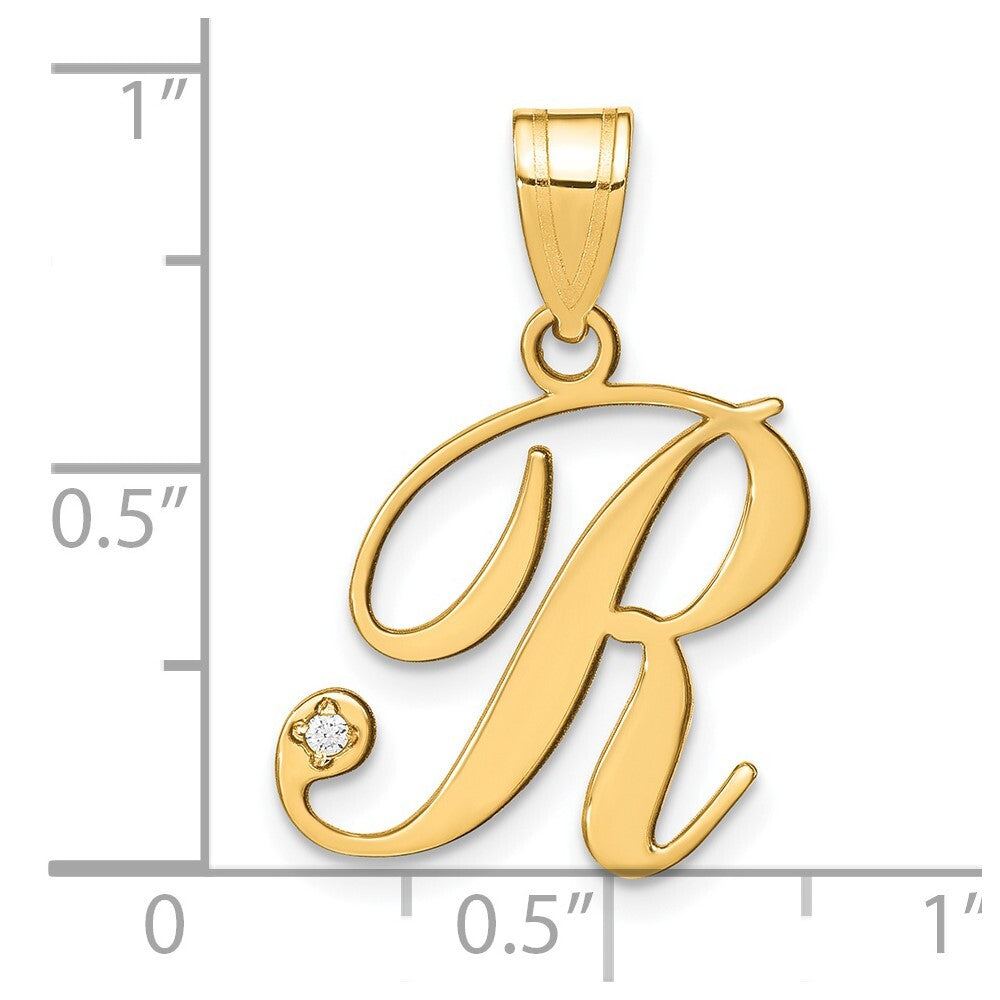 14k Yellow Gold Script Letter R Initial Pendant with Diamond for Women