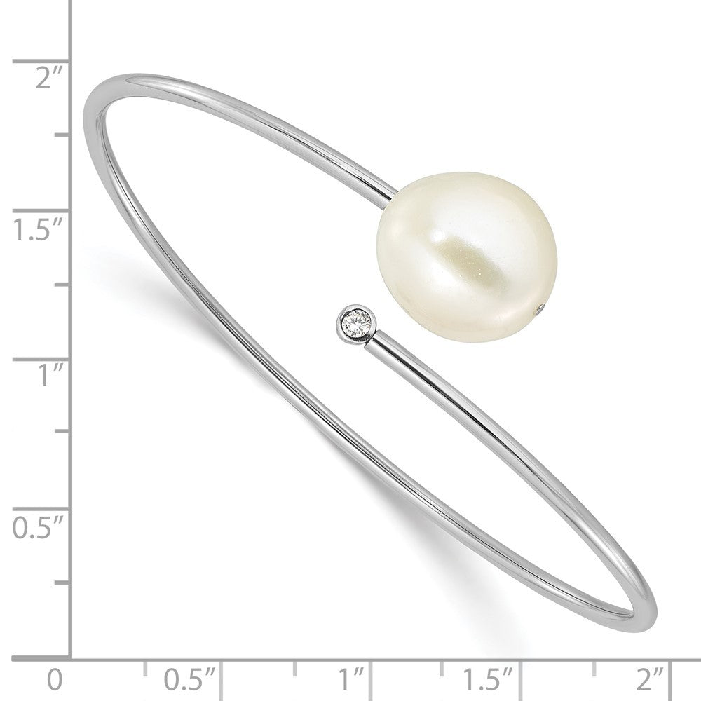 Sterling Silver Rhodium-plated 14mm Cultured Pearl and CZ Flexible Bangle