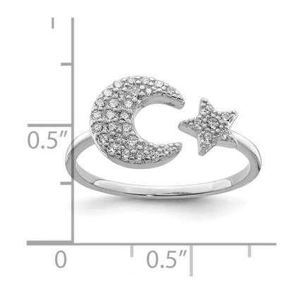 Sterling Silver Rhodium Plated Cubic Zirconia Star & Moon Ring Size 6