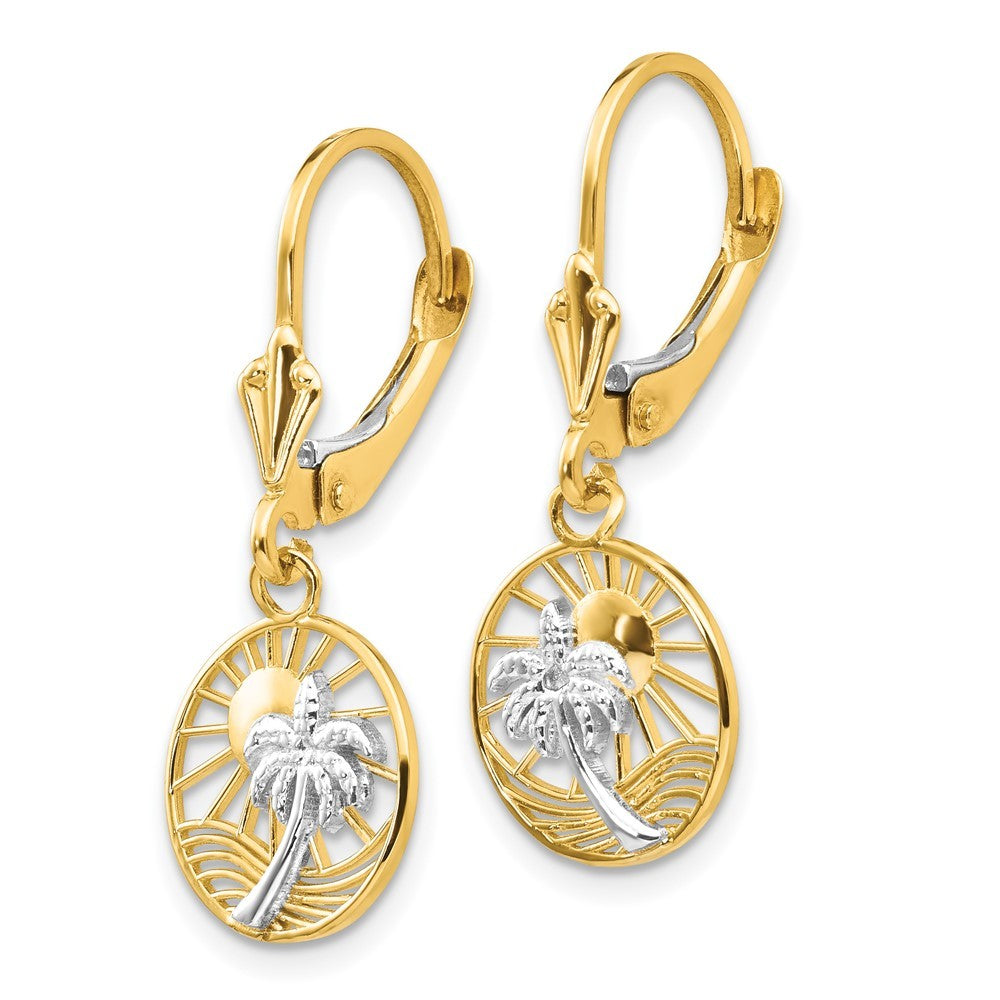 14k Yellow Gold & Rhodium Palm Tree Drop Dangle Earrings