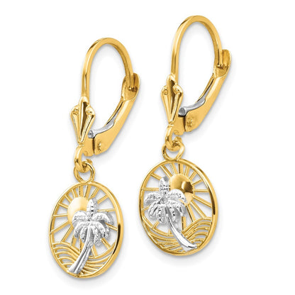 14k Yellow Gold & Rhodium Palm Tree Drop Dangle Earrings