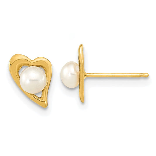 14k Yellow Gold 3-4mm White Button Freshwater Cultured Pearl Heart Stud Earrings