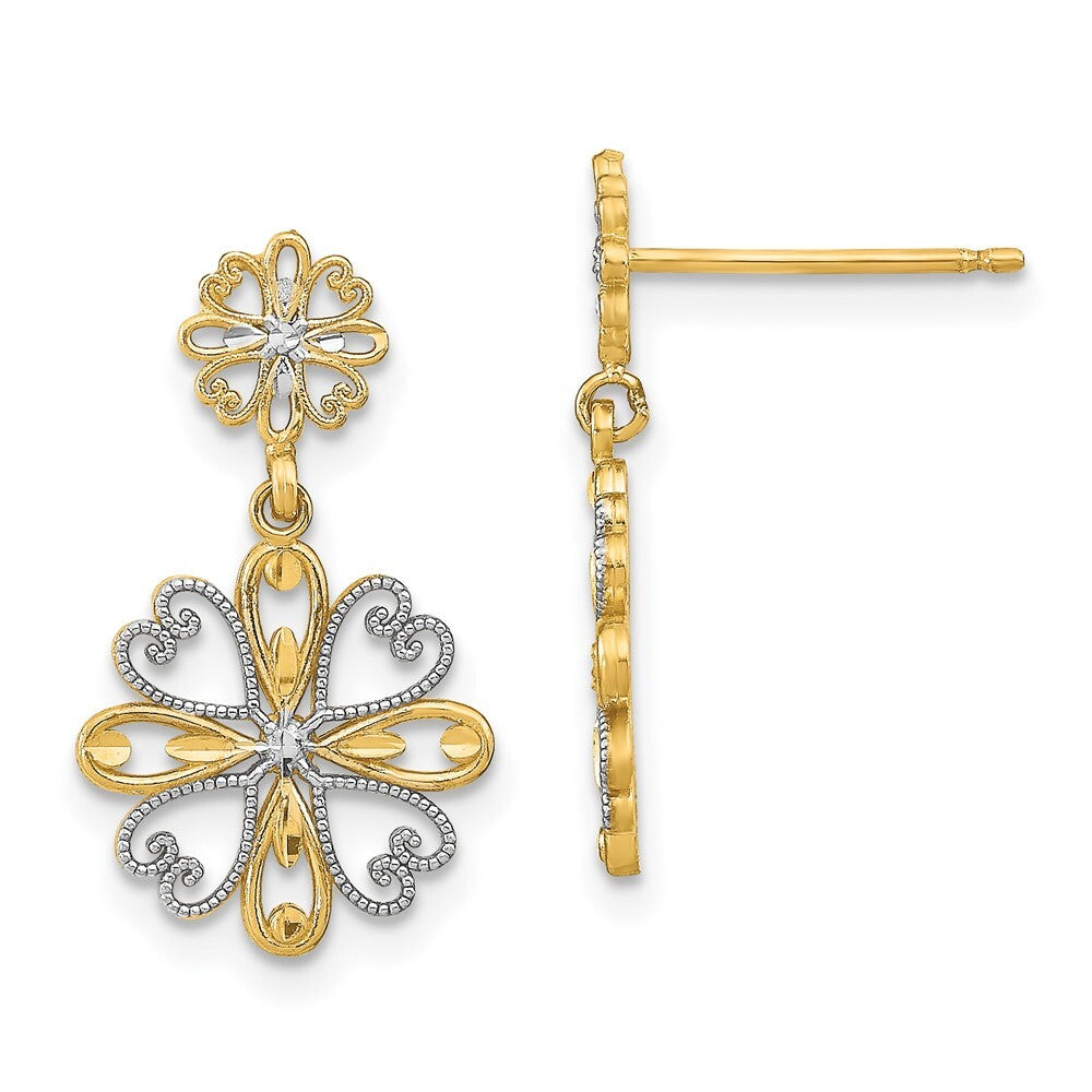 14k Yellow Gold Rhodium Beaded Heart Petal Floral Dangle Earrings