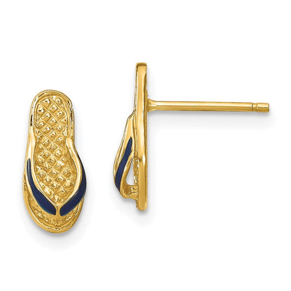 14k Yellow Gold 3D Blue Enamel Single Flip-Flop Stud Earrings Gift for Women