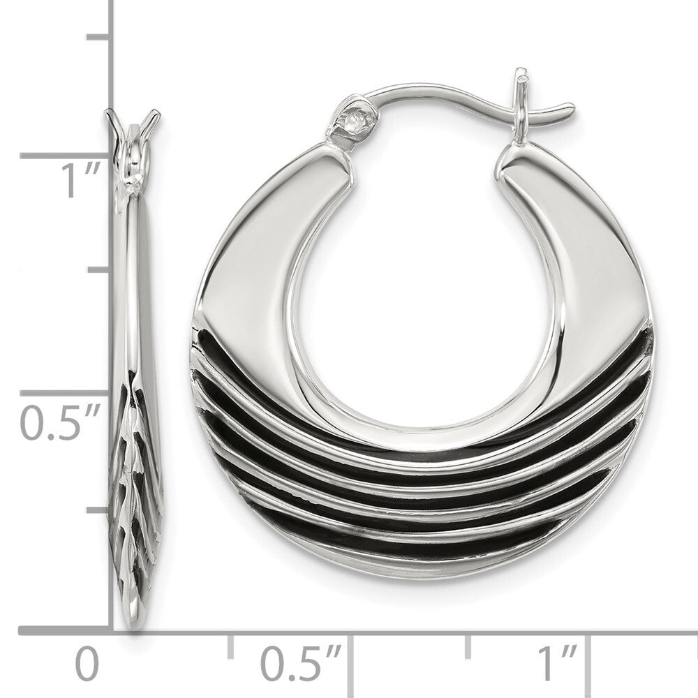Sterling Silver Polished with Black Enamel Round Hoop Earrings
