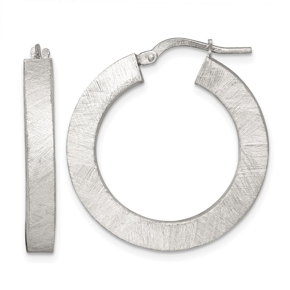 Sterling Silver Polished Brushed Textured Square Tube Hoop Earrings