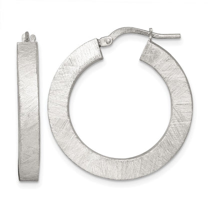 Sterling Silver Polished Brushed Textured Square Tube Hoop Earrings