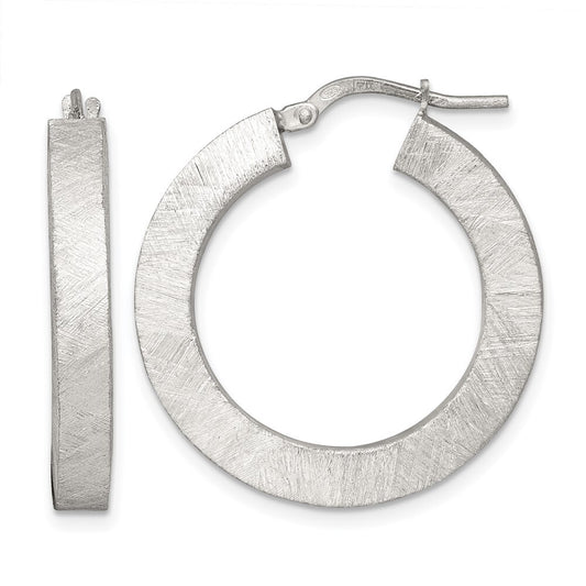Sterling Silver Polished Brushed Textured Square Tube Hoop Earrings