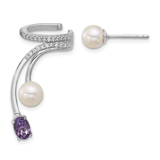 Sterling Silver CZ Freshwater Cultured Pearl & Amethyst Cuff Asymmetric Earrings