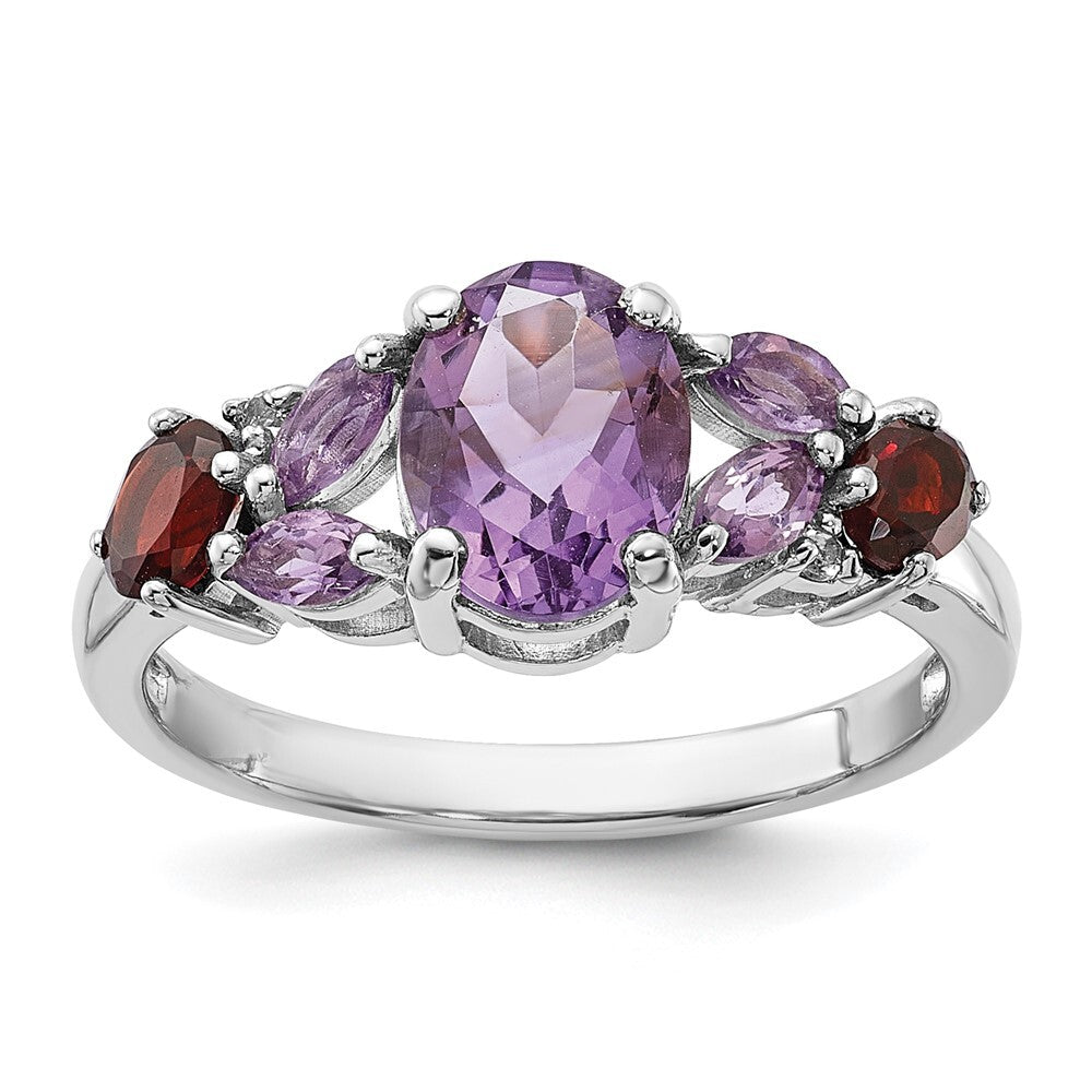 Sterling Silver Rh-plated Amethyst Pk Quartz Garnet and White Topaz Ring Size 6