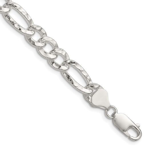 Sterling Silver 7.6mm Hammered Figaro Chain Necklace