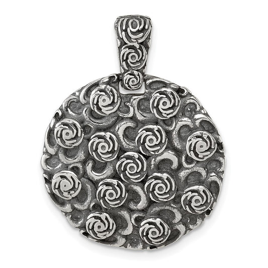 Sterling Silver Antiqued Floral Round Disc Pendant