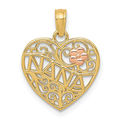 14k Two-tone Gold Polished NANA Flower on Heart Pendant for Women