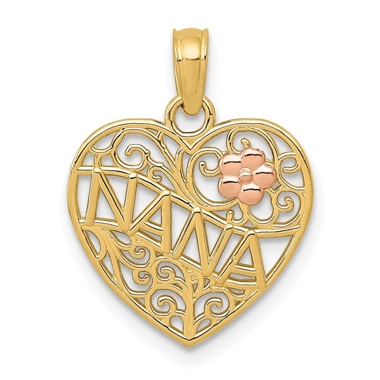 14k Two-tone Gold Polished NANA Flower on Heart Pendant for Women