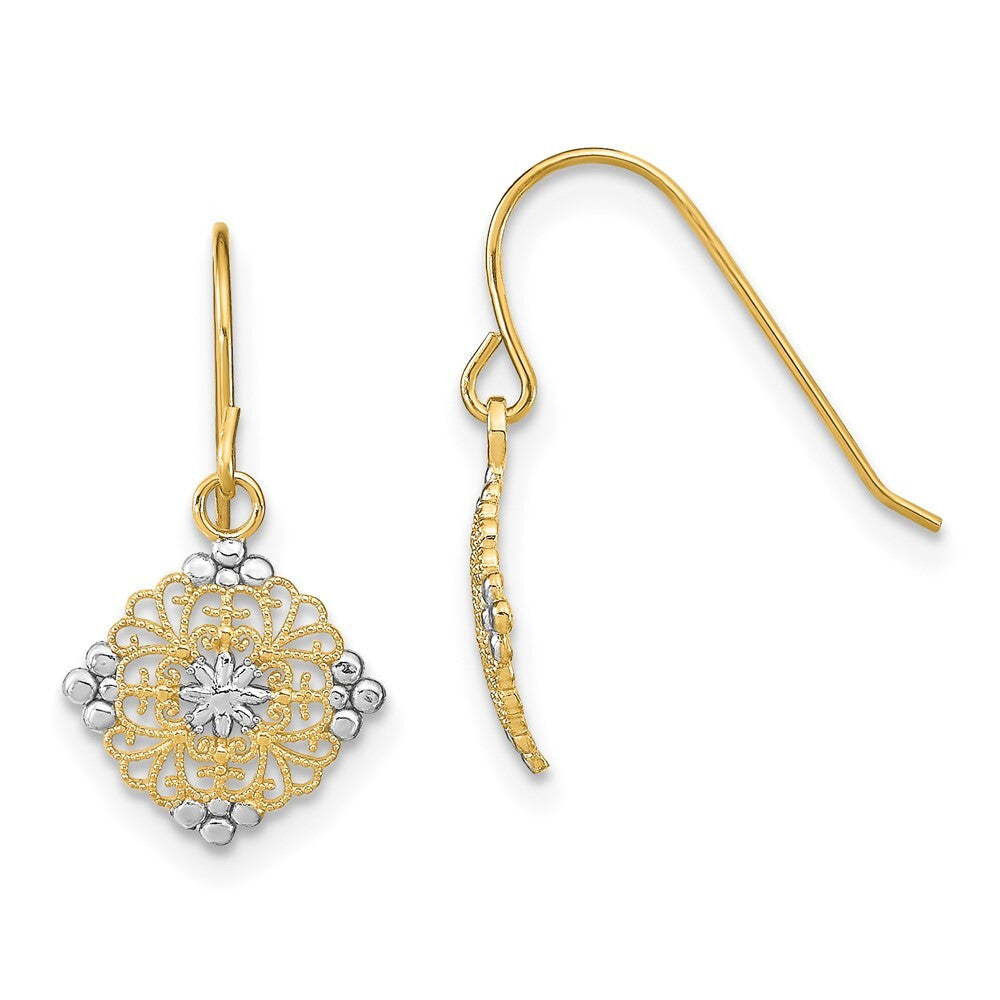 14k Yellow Gold Rhodium Diamond-Cut Center Mini Filigree Medallion Stud Earrings