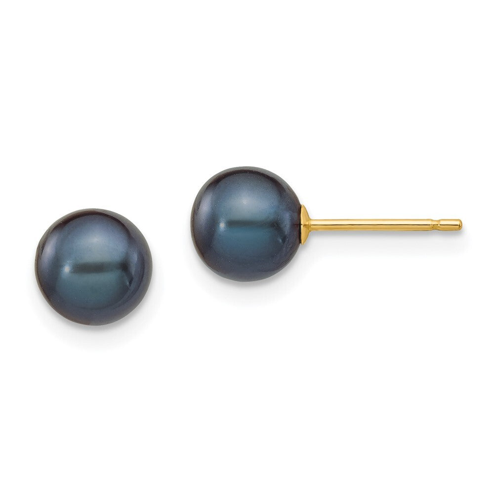 14k Yellow Gold 6-7mm Black Round Freshwater Cultured Pearl Stud Earrings