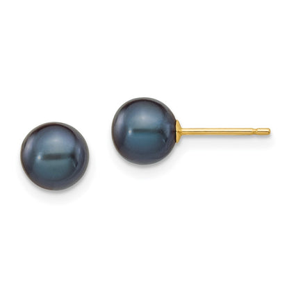 14k Yellow Gold 6-7mm Black Round Freshwater Cultured Pearl Stud Earrings