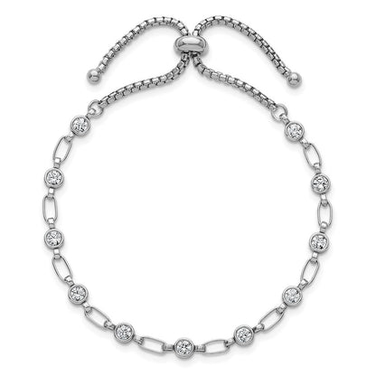 Sterling Silver Round CZ and Rectangle Link Adjustable Bolo Bracelet