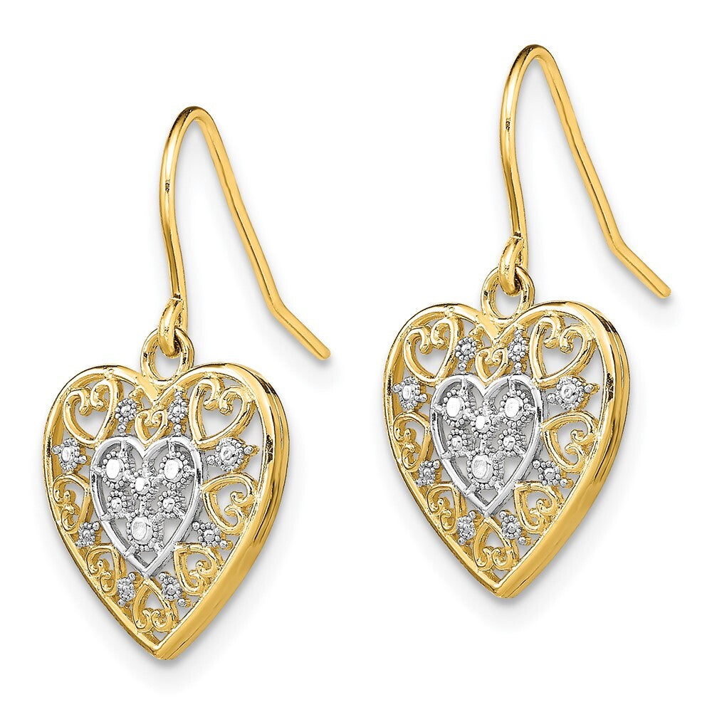 14k Yellow Gold Rhodium Polished Filigree Hearts Shepherd Hook Stud Earrings