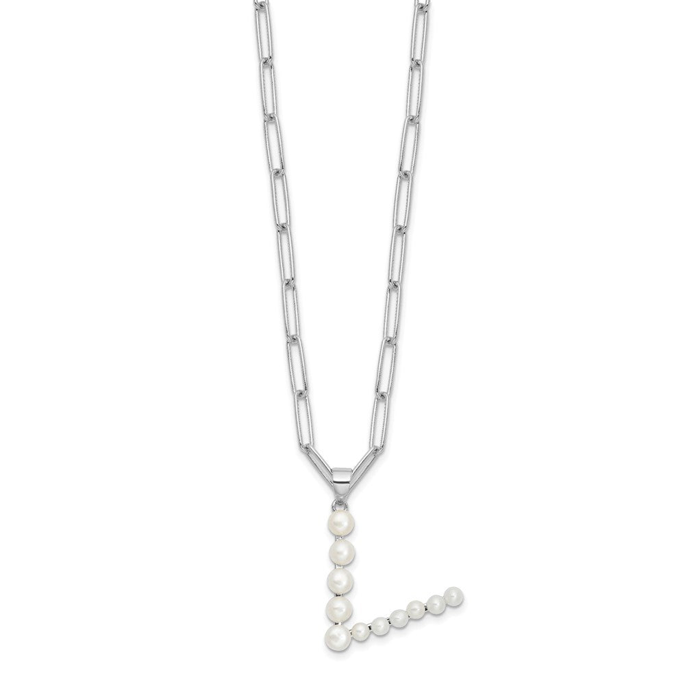 Sterling Silver 3-5.5mm White Button Cultured Pearl LETTER V Necklace 18"