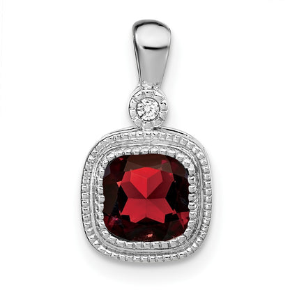 14k White Gold 6mm Cushion Garnet and Diamond Pendant