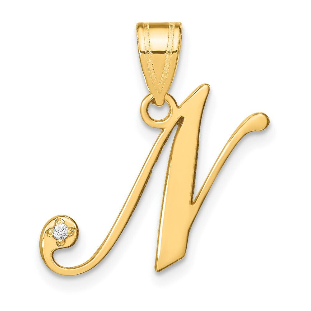 14k Yellow Gold Script Letter N Initial Pendant with Diamond for Women