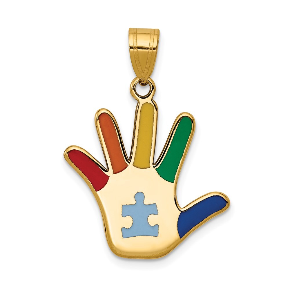 14k Yellow Gold Enameled Autism Puzzle Piece Handprint Pendant