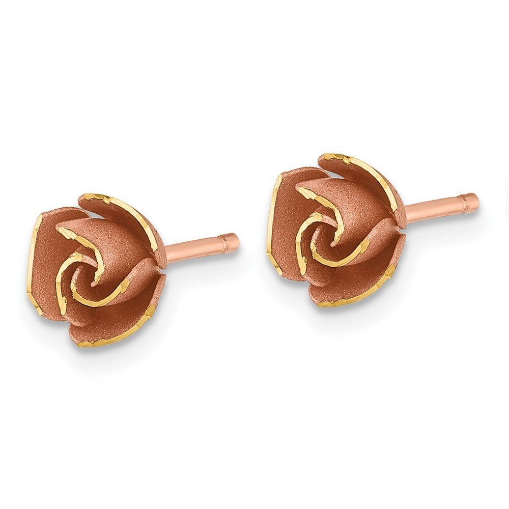 14k Yellow Gold Rose Rhodium Brushed Rose Flower Stud Earrings Gift for Women
