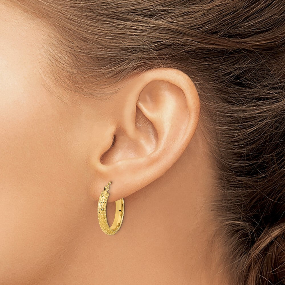 14k Yellow Gold Polished and Textured Diamond-Cut Hoop Earrings Gift for Women