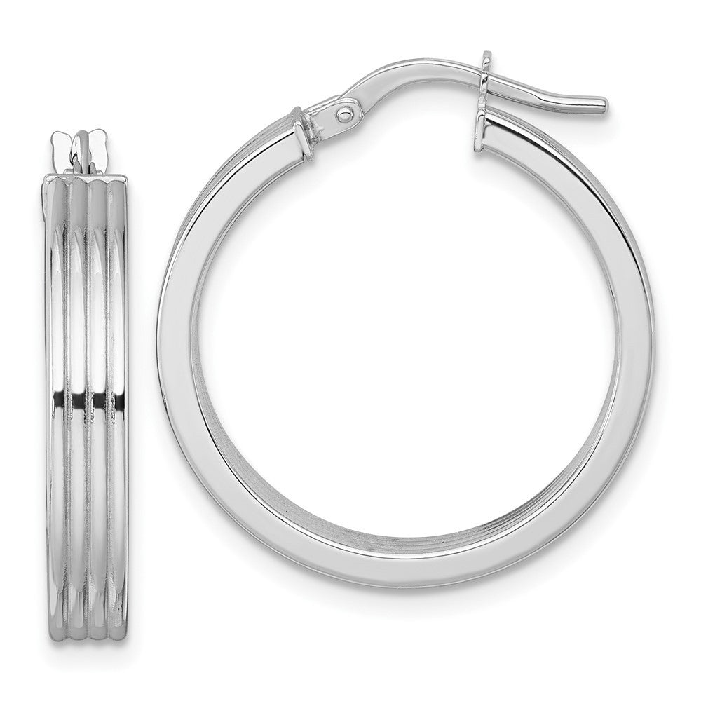 14k White Gold Polished and Grooved 4 x 24mm Tube Hoop Earrings