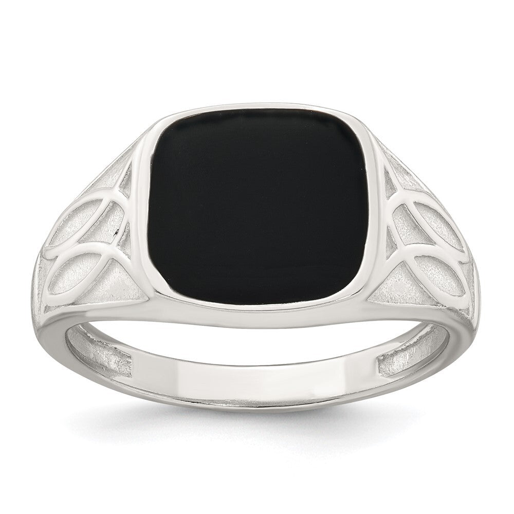 Sterling Silver Polished and Textured Black Enamel Men's Signet Ring Size 11