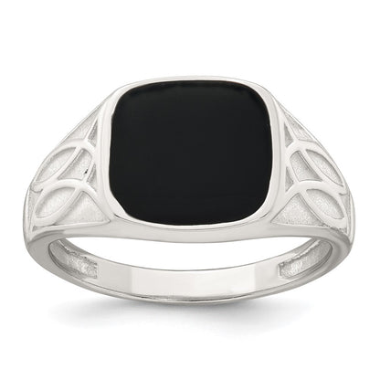 Sterling Silver Polished and Textured Black Enamel Men's Signet Ring Size 11