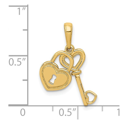 14k Yellow Gold Polished Moveable Heart Key and Heart Lock Charm Pendant