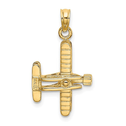 14k Yellow Gold 3-D Bi-Plane with Ribbed Wings Charm Pendant