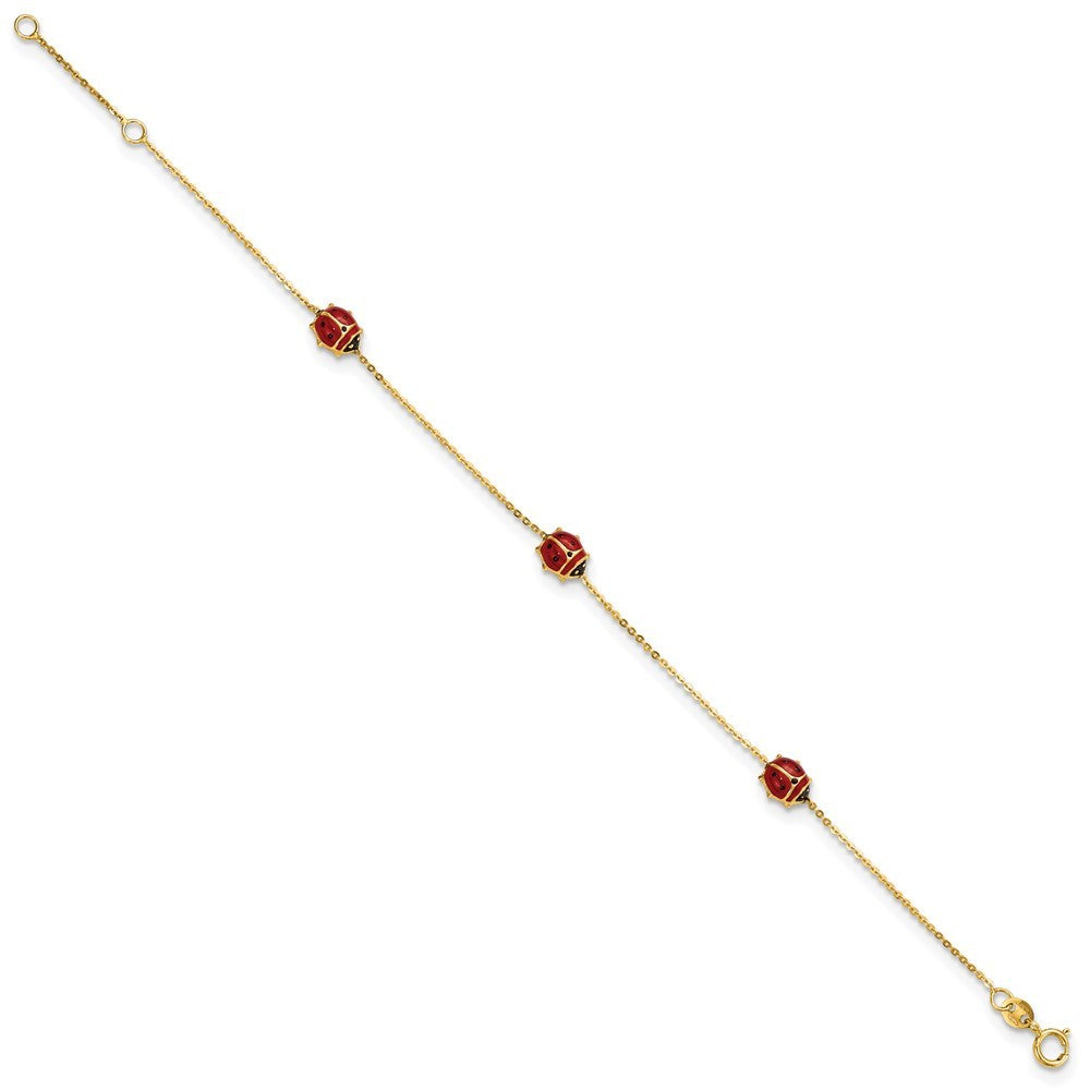14k Yellow Gold  Red and Black Enameled Ladybugs 6.5" Bracelet Plus 0.75" Ext