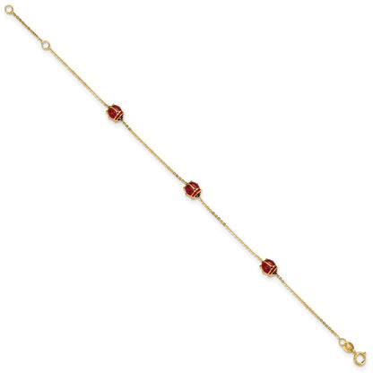 14k Yellow Gold  Red and Black Enameled Ladybugs 6.5" Bracelet Plus 0.75" Ext