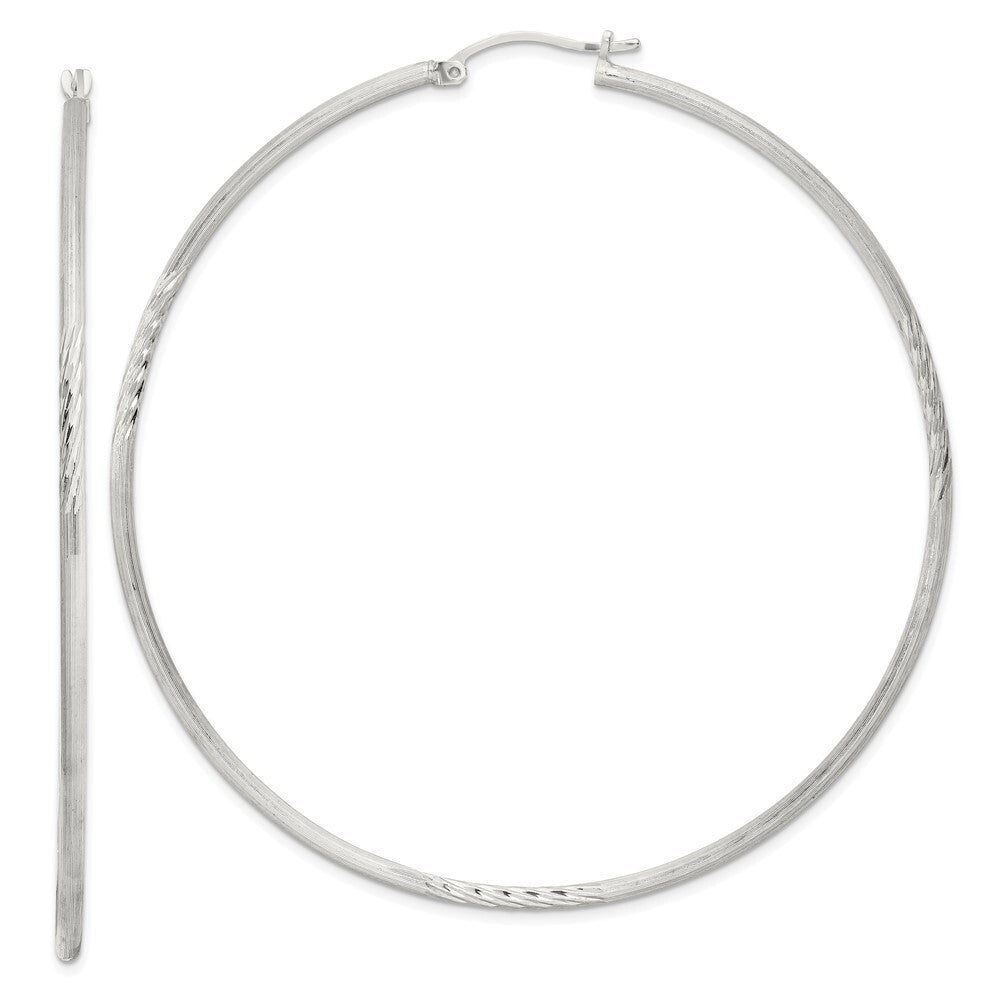 Sterling Silver 2mm Polished/Satin Diamond-cut Hoop Earrings