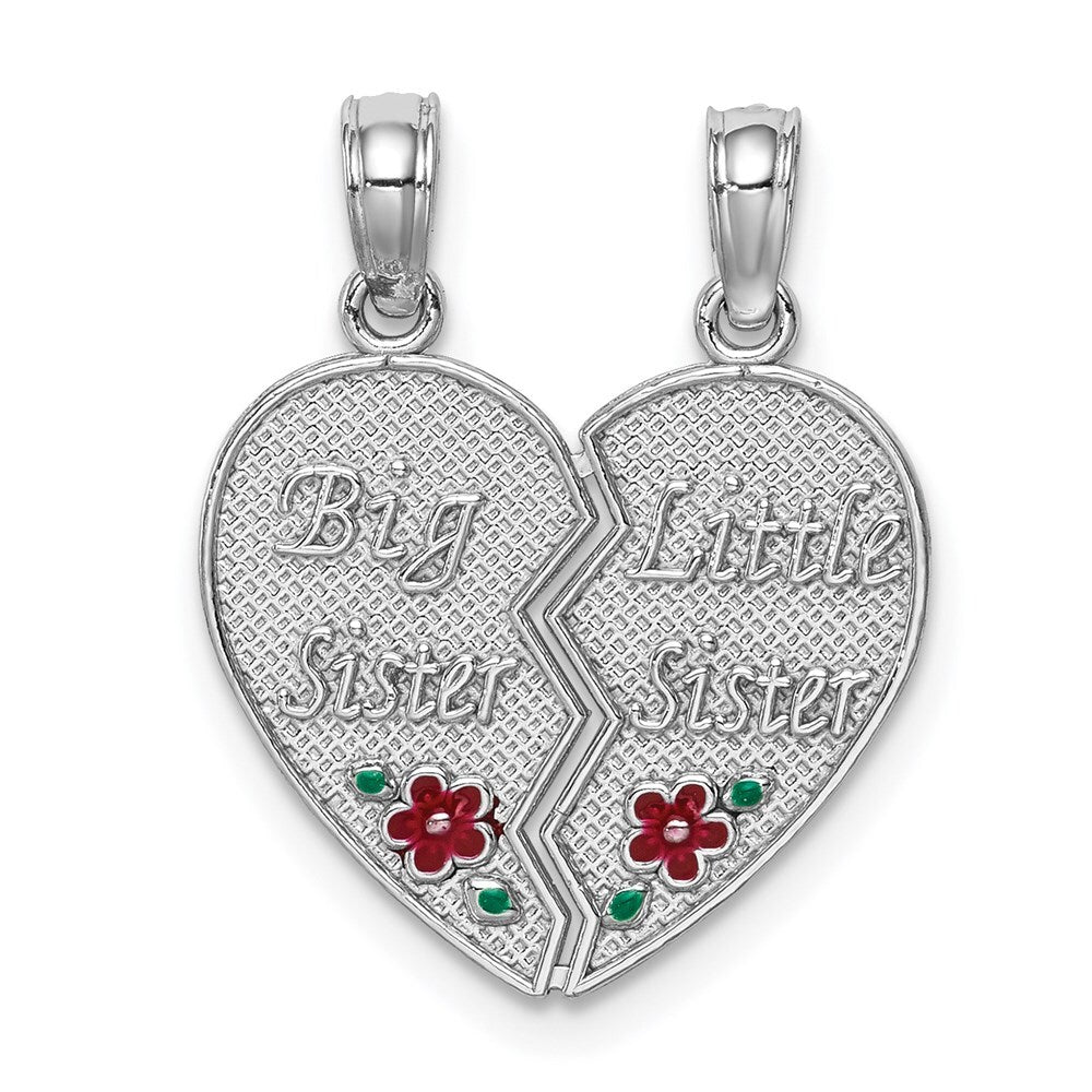 14k White Gold Enamel BIG-LITTLE SISTER Break Apart Heart Charm Pendant