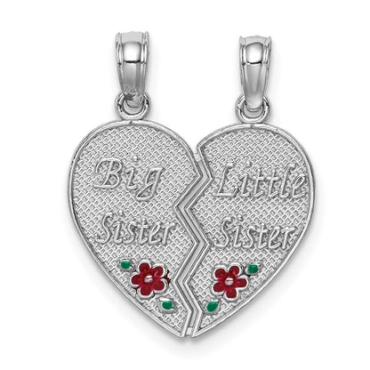 14k White Gold Enamel BIG-LITTLE SISTER Break Apart Heart Charm Pendant