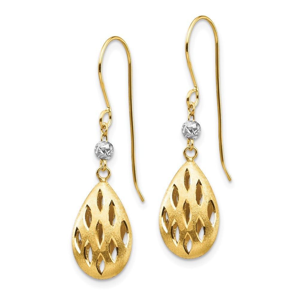 14k Two-tone Gold Diamond Cut Teardrop Dangle Earrings