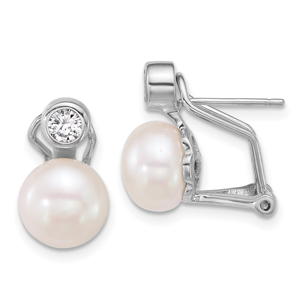 Sterling Silver 8-9mm Freshwater Cultured Pearl and CZ Omega Back Earrings