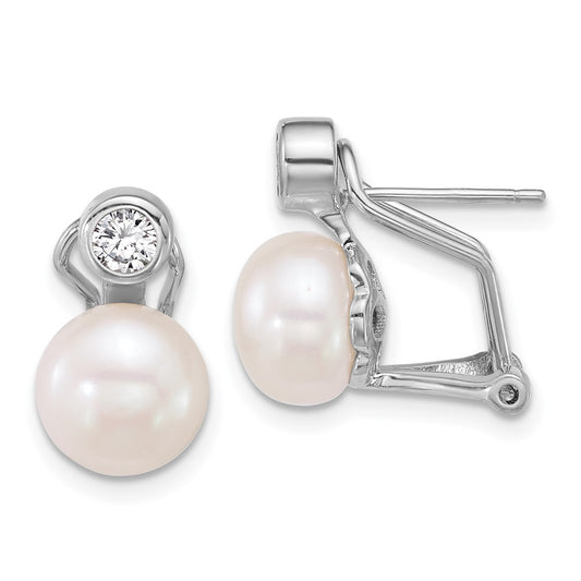 Sterling Silver 8-9mm Freshwater Cultured Pearl and CZ Omega Back Earrings