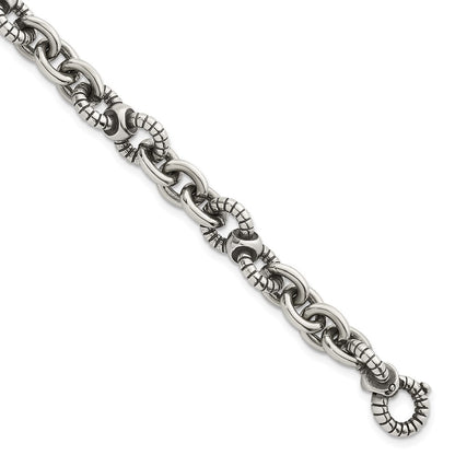 Sterling Silver Oxidized and Textured Round Fancy Cable Link Mens 8.25" Bracelet