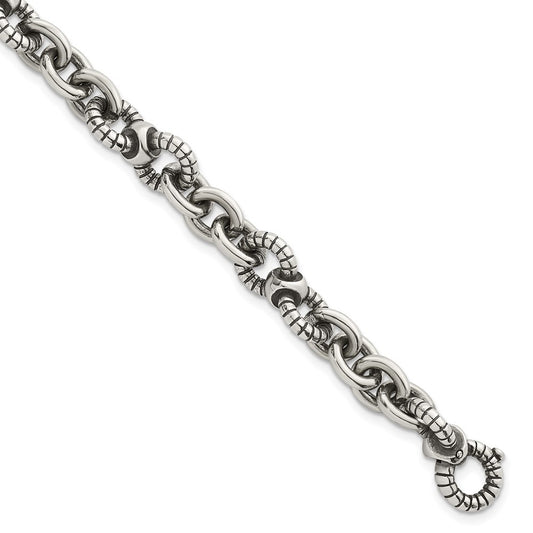 Sterling Silver Oxidized and Textured Round Fancy Cable Link Mens 8.25" Bracelet