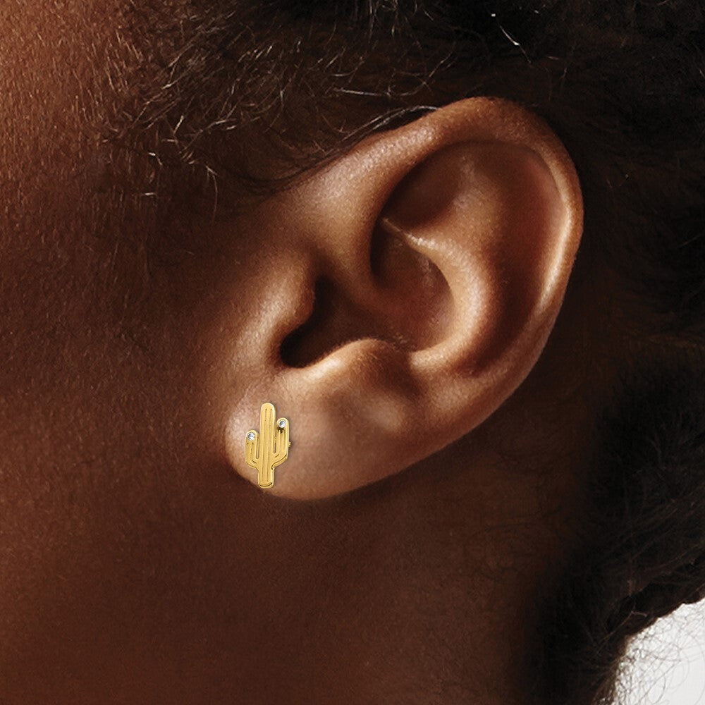 14k Yellow Gold Cactus Cubic Zirconia Stud Earrings Gift for Women