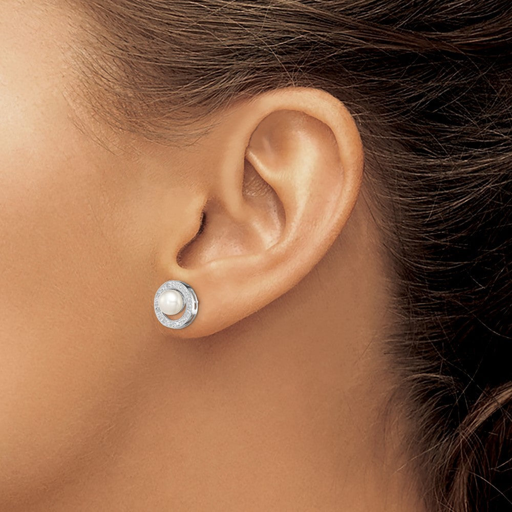 Sterling Silver Rhodium 6mm FW Cultured Pearl & Diamond Ear