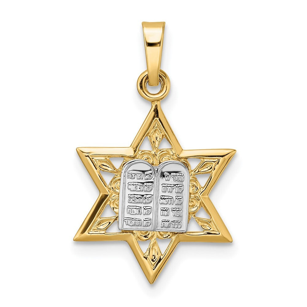 14k Two-tone Gold Polished Solid Star and Torah Pendant for Women