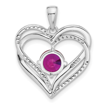 Sterling Silver Rhodium-plated Red and White Cubic Zirconia Double Heart Pendant