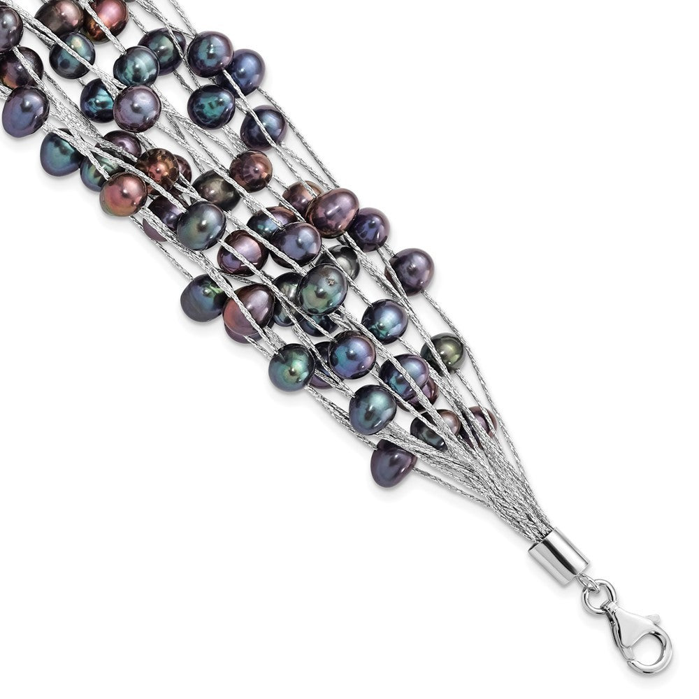 Sterling Silver 6-7mm Black Semi-Round Cultured Pearl Multi Strand 7.5" Bracelet